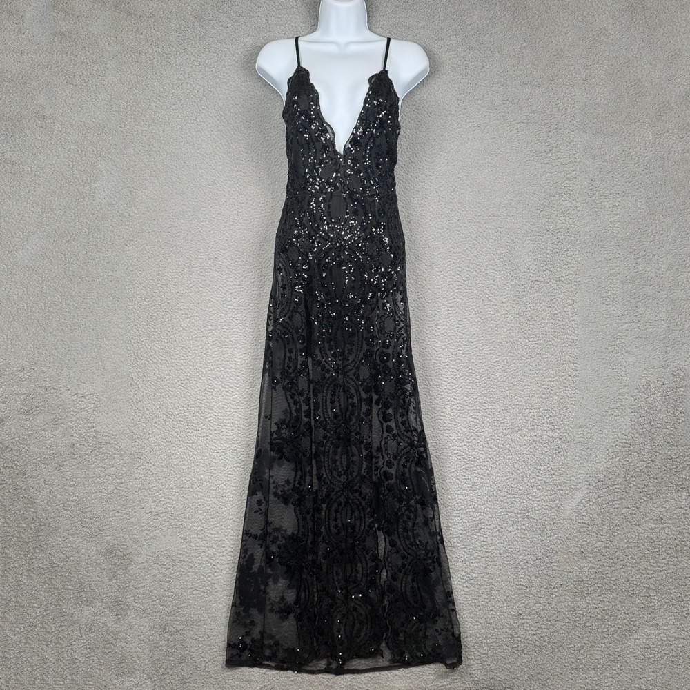 Fashion Nova Dress Womens M Black Sheer Sequin Maxi Whimsigoth Fairy Lace Sexy